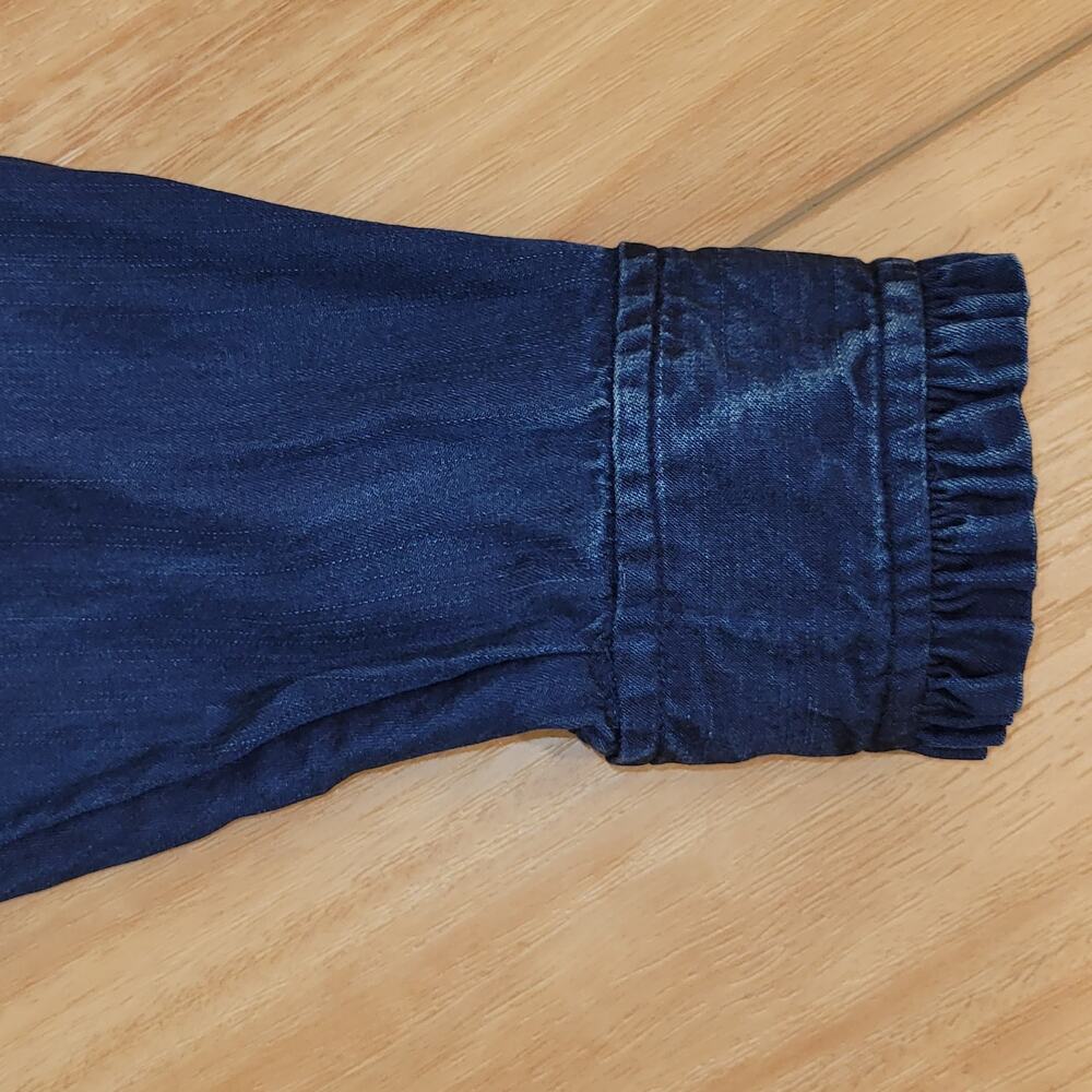 LOFT Chambray Ruffle Blouse Boho Cottagecore Relaxed Peasant Blue Top L Spring - Picture 9 of 13